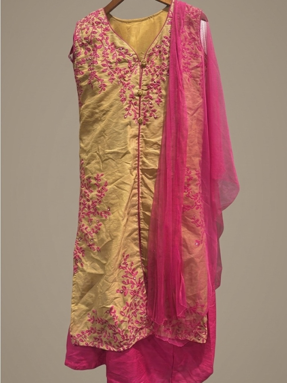 Yellow & Hot Pink Embroidered lengha  Set